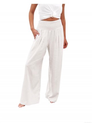 Women's Wide Leg Pants Cotton Linen Blend High Waist Elastic Smocked Waist Casual Beach Vacation Loose Flowy Solid Color Long Trousers with Pockets