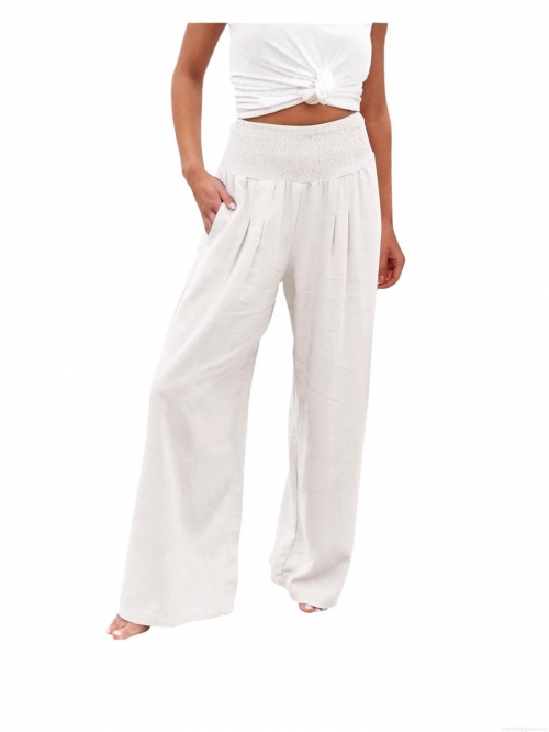 Women's Wide Leg Pants Cotton Linen Blend High Waist Elastic Smocked Waist Casual Beach Vacation Loose Flowy Solid Color Long Trousers with Pockets