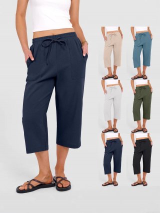 Women Casual Cotton Linen Pants Drawstring Elastic Waist Wide Leg Cropped Trousers With Pockets Solid Color Breathable Summer Capris For Women