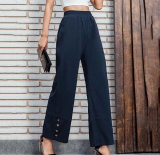 Women's High Waist Wide Leg Straight Pants Solid Color Loose Fitting Casual Trousers With Side Buttons At Hem Elegant Commute Polyester Pants