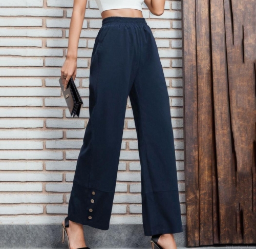 Women's High Waist Wide Leg Straight Pants Solid Color Loose Fitting Casual Trousers With Side Buttons At Hem Elegant Commute Polyester Pants
