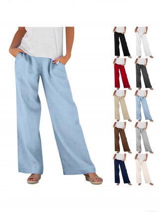 Women's Cotton Linen Wide Leg Pants Casual Loose Fit Elastic Waist Trousers With Pockets Solid Color Soft Breathable Long Pants For Daily Vacation Beach