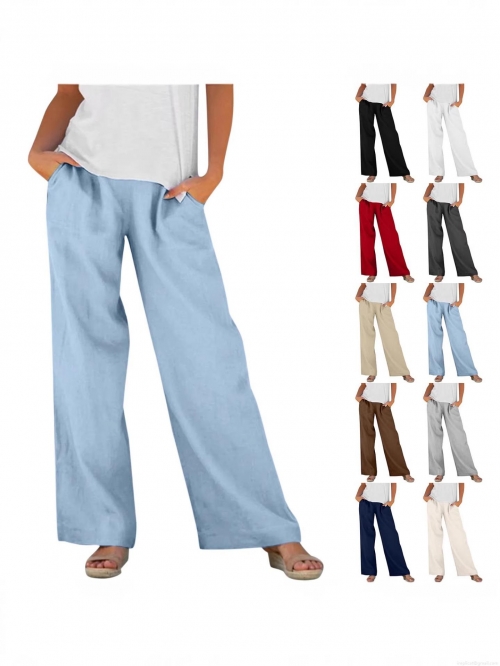 Women's Cotton Linen Wide Leg Pants Casual Loose Fit Elastic Waist Trousers With Pockets Solid Color Soft Breathable Long Pants For Daily Vacation Beach