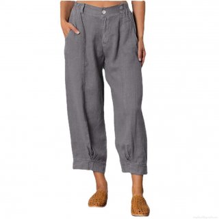 Women Cotton Linen Casual Pants Loose Elastic Waist Straight Leg Trousers Cropped Pants Solid Color Summer Beach Chic Bottoms for Women