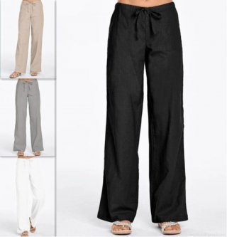 Women's Loose Wide Leg Pants Cotton Linen Blend High Waist Drawstring Casual Trousers With Pockets Comfortable Breathable Solid Color Spring Summer Pants