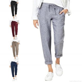 Women's Casual Cotton Linen Wide Leg Pants High Waist Drawstring Loose Trousers With Pockets Solid Color Straight Leg Breathable Long Pants For Daily Vacation
