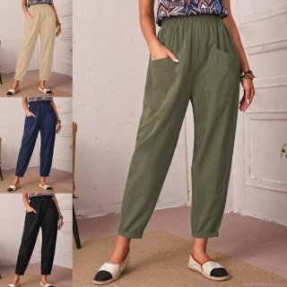 Women's Casual Cotton Linen Tapered Pants Elastic High Waist Harem Trousers With Pockets Loose Cropped Nine-Point Pants For Women
