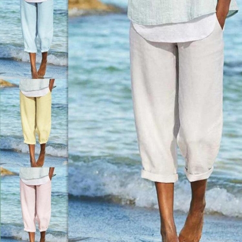 Women's Cotton Linen Wide Leg Pants Casual Elastic Waist Trousers Breathable Summer Beach Vacation Loose Nine-Point Pants With Pockets Solid Color Retro Bottoms For Ladies