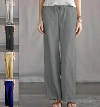 Women's Casual Cotton Blend Linen Feel Wide Leg Pants Solid Color Loose Drawstring Elastic Waist Trousers with Pockets for Spring Summer Vacation