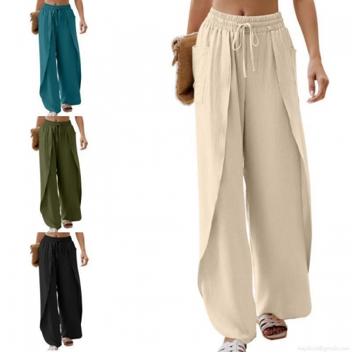 Women's Casual Wide Leg Pants High Waist Elastic Drawstring Trousers with Side Slits and Pockets Elegant Solid Color Crepe Texture Long Pants for Vacation Daily Wear