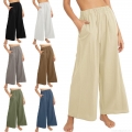 Women Cotton Linen Wide Leg Pants High Waisted Loose Straight Casual Trousers Elastic Drawstring Solid Color Breathable Summer Beach Vacation Bottoms