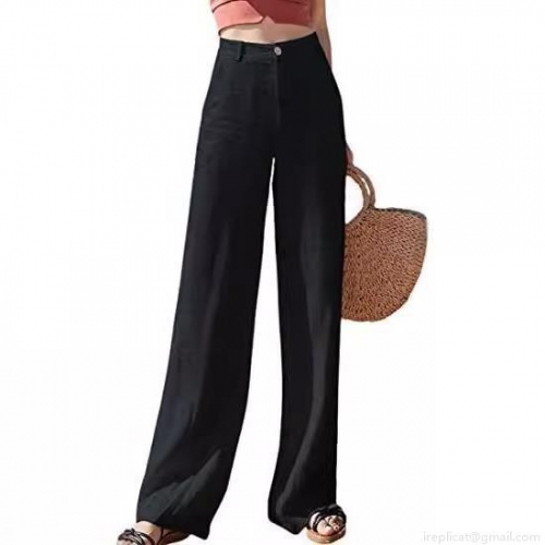 Women High Waist Wide Leg Pants Cotton Linen Loose Straight Casual Trousers With Pockets Summer Holiday Beach Relaxed Fit Flax Pants