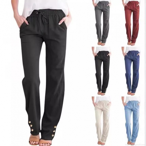 Women's Casual Cotton Linen Wide Leg Pants Drawstring Elastic Waist Straight Loose Trousers with Side Buttons at Hem for Summer Spring Beach Women's Clothing