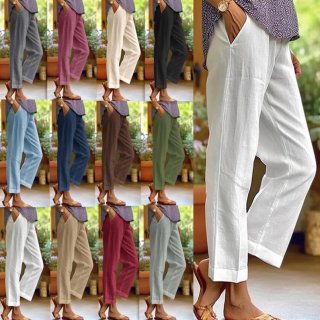 Women's Casual Cotton Linen Straight Leg Pants Loose Solid Color Elastic Waist Cropped Trousers With Pockets For Summer Vacation Daily Wear