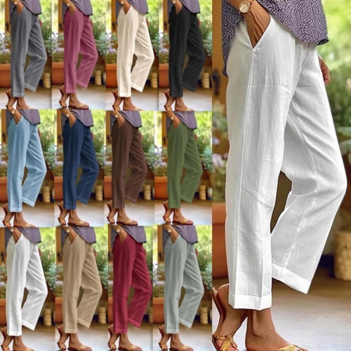 Women's Casual Cotton Linen Straight Leg Pants Loose Solid Color Elastic Waist Cropped Trousers With Pockets For Summer Vacation Daily Wear