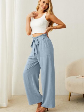Women's High Waisted Wide Leg Pants Casual Loose Palazzo Trousers With Pockets Adjustable Drawstring Crinkle Texture Long Pants For Beach Vacation Travel Office