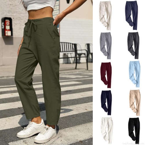 Women's Casual Cotton Linen Trousers Elastic Waist Drawstring Pockets Cuffed Jogger Pants Solid Color Relaxed Fit Bottoms For Daily Wear