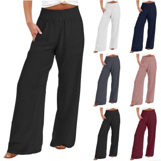 Women's Casual Wide Leg Pants Cotton Linen High Elastic Waist Drawstring Breathable Trousers For Vacation Daily Beach Summer Loose Fit