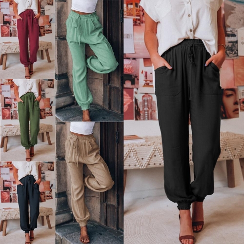 Women's Casual Harem Pants High Waisted Rayon Cotton Blend Trousers With Drawstring Elastic Waist Tapered Joggers Solid Color Pocket Pants For Ladies Summer Travel