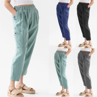 Women's Cotton Linen High Waist Casual Pants Loose Wide Leg Trousers With Pockets Elastic Waist Drawstring Summer Beach Daily Wear Solid Color Bottoms