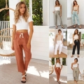 Women's Cotton Linen Straight Leg Casual Pants High Waist Drawstring Nine-Point Trousers Solid Color Summer Breathable Lightweight Lounge Pants With Pockets