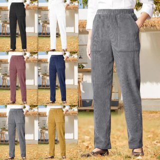 Women Corduroy Straight Leg Pants Elastic High Waist Casual Solid Color Trousers With Pockets Warm Cotton Blend Soft Autumn Winter Fashion Trousers