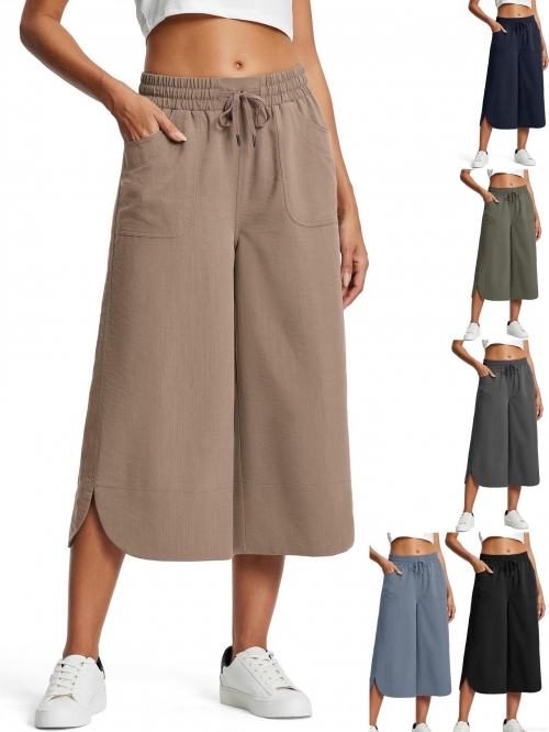 Women's Casual Solid Color Wide Leg 3/4 Pants Elastic High Waist Drawstring Capris With Pockets Curved Side Slit Loose Trouser