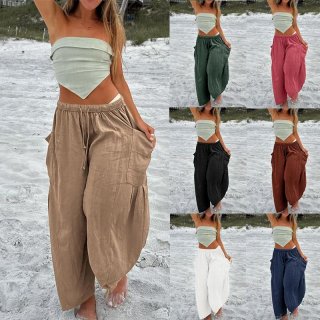 Women's High Waist Wide Leg Pants Casual Loose Cotton Linen Blend Long Trousers with Pockets Drawstring Elastic Waist Solid Color Beach Vacation Style Trousers