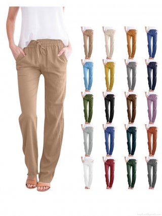 Women's Casual Cotton Linen Wide Leg Pants High Waist Elastic Drawstring Loose Trousers Breathable Solid Color Summer Pants With Pockets