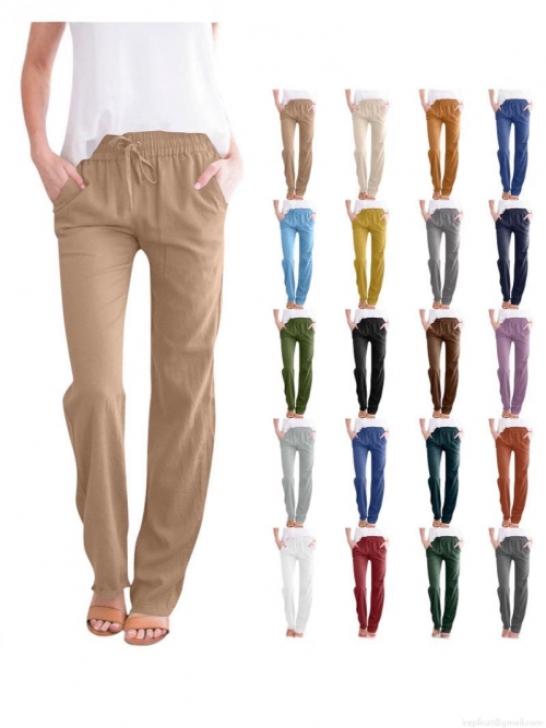 Women's Casual Cotton Linen Wide Leg Pants High Waist Elastic Drawstring Loose Trousers Breathable Solid Color Summer Pants With Pockets