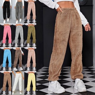 Women's Thick Sherpa Fleece Joggers High Waisted Drawstring Elastic Waist Cuffed Hem Warm Winter Casual Sweatpants Solid Color Wool Blend Lounge Pants