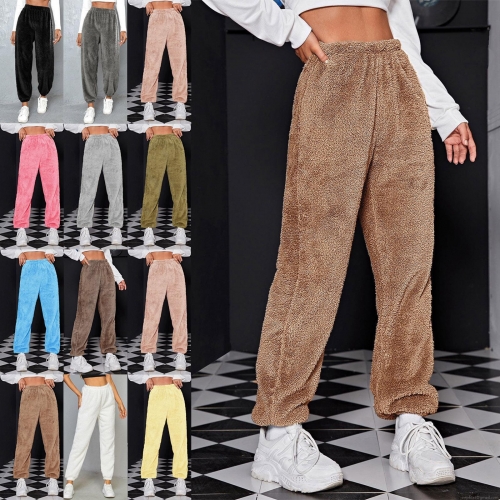 Women's Thick Sherpa Fleece Joggers High Waisted Drawstring Elastic Waist Cuffed Hem Warm Winter Casual Sweatpants Solid Color Wool Blend Lounge Pants