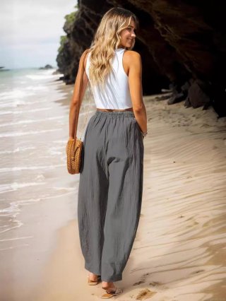 Women's Cotton Linen Wide Leg Pants High Waist Elastic Waist Casual Trousers With Pockets Loose Fit Beach Vacation Bottoms