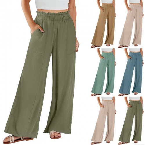 Women's Cotton Linen Wide Leg Pants Casual High Waist Elastic Waist Trousers With Pockets Summer Loose Straight Lounge Pants For Women