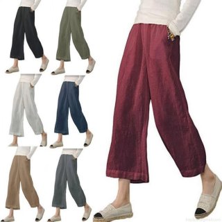 Women's Casual Cotton Linen Wide Leg Pants Summer Elastic High Waist Drawstring Loose Cropped Trousers With Pockets Solid Color Boho Beach Vacation Daily Pants