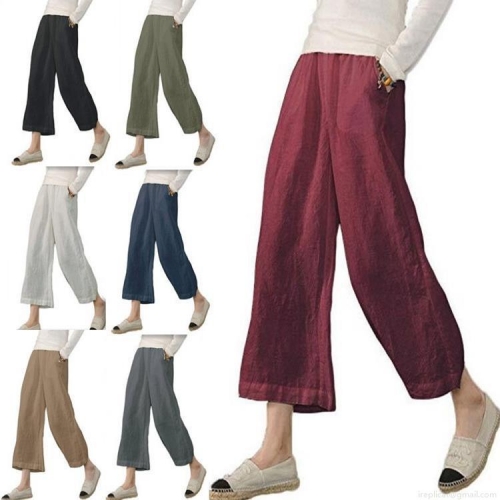 Women's Casual Cotton Linen Wide Leg Pants Summer Elastic High Waist Drawstring Loose Cropped Trousers With Pockets Solid Color Boho Beach Vacation Daily Pants