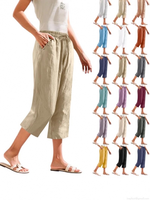 Women's Casual Cotton Linen Capri Pants Summer Loose Straight Leg Trousers Breathable Solid Color Elastic Waist Drawstring Pants With Button Detail
