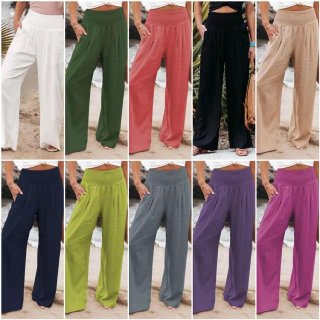 Women High Waisted Wide Leg Pants Cotton Linen Smocked Waist Casual Beach Trousers With Pockets Loose Palazzo Pants For Summer Resort Wear