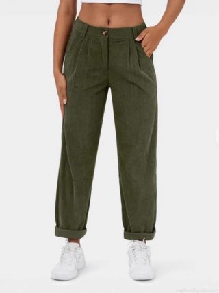Women's High Waist Corduroy Pants Casual Loose Wide Leg Straight Trousers With Button Pockets Solid Color Autumn Winter Fashion Female Long Bottoms