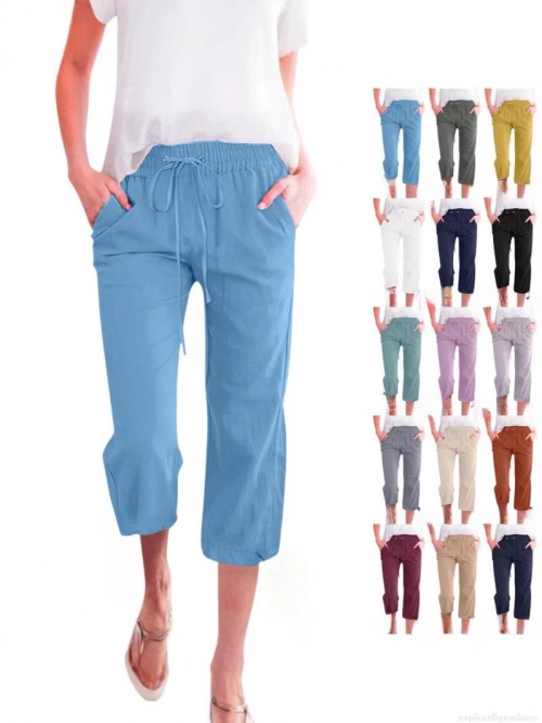 Women's Cotton Linen Wide Leg Pants Breathable Loose Fit Elastic Drawstring Waist Casual Summer Beach Vacation Cropped Trousers Culottes For Lady