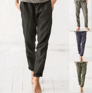 Women's Casual Cotton Linen Straight Leg Trousers Elastic Waist Drawstring Solid Color Loose Full Length Pants For Daily Streetwear