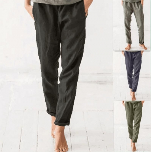 Women's Casual Cotton Linen Straight Leg Trousers Elastic Waist Drawstring Solid Color Loose Full Length Pants For Daily Streetwear