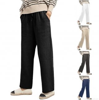 Women's Casual Cotton Linen Wide Leg Pants Elastic Waist Drawstring Loose Solid Color Long Trousers With Pockets For Summer Vacation Beach Daily Wear