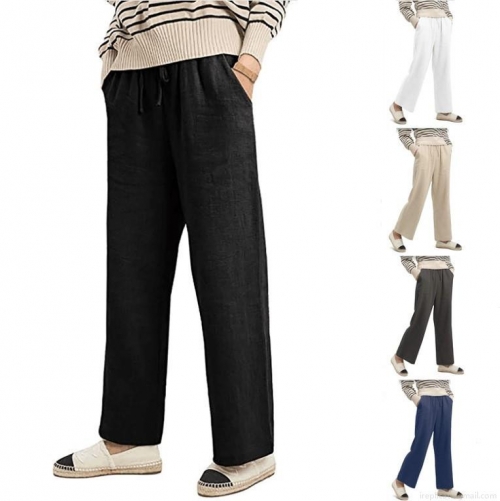 Women's Casual Cotton Linen Wide Leg Pants Elastic Waist Drawstring Loose Solid Color Long Trousers With Pockets For Summer Vacation Beach Daily Wear