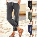 Women's Casual Cotton Linen Wide Leg Pants Solid Color Drawstring Elastic Waist Loose Trousers With Pockets For Summer Beach Vacation