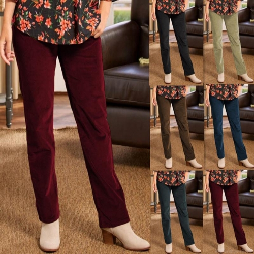 Women's Corduroy Straight Leg Pants Casual Elastic High Waist Solid Color Trousers With Pockets Warm Autumn Winter Loose Fit Long Pants For Women