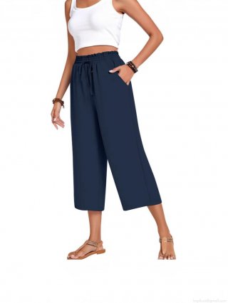 Women's High Waist Linen Wide Leg Pants Solid Color Elastic Waist Drawstring Casual Cropped Trousers With Pockets For Summer Daily Wear