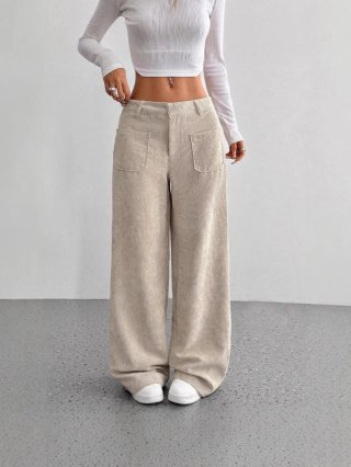Women's High Waisted Corduroy Wide Leg Pants Casual Loose Fit Straight Trousers With Pockets Solid Color Autumn Winter Fashion Bottoms