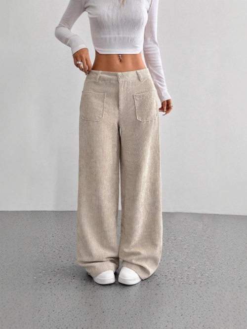 Women's High Waisted Corduroy Wide Leg Pants Casual Loose Fit Straight Trousers With Pockets Solid Color Autumn Winter Fashion Bottoms