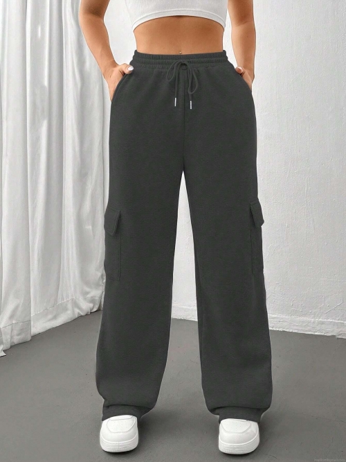 Women's Cargo Sweatpants Polyester Cotton Blend Loose Wide Leg Casual Pants With Side Flap Pockets Drawstring Elastic Waist For Autumn Winter Daily Sports Wear